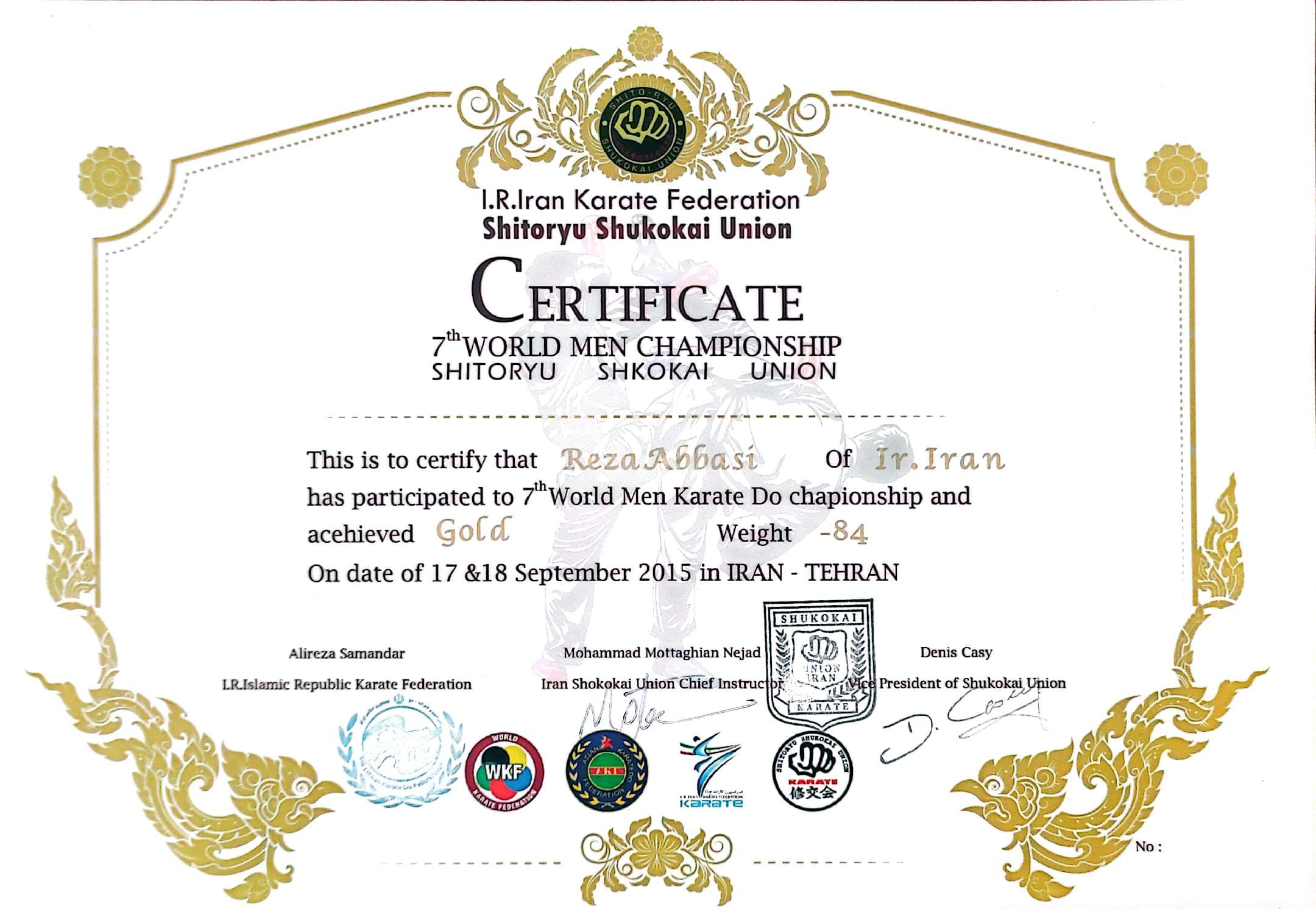 Coach Reza Abbasi gold medal record from the 2015 World Men’s Karate Championship in Tehran.