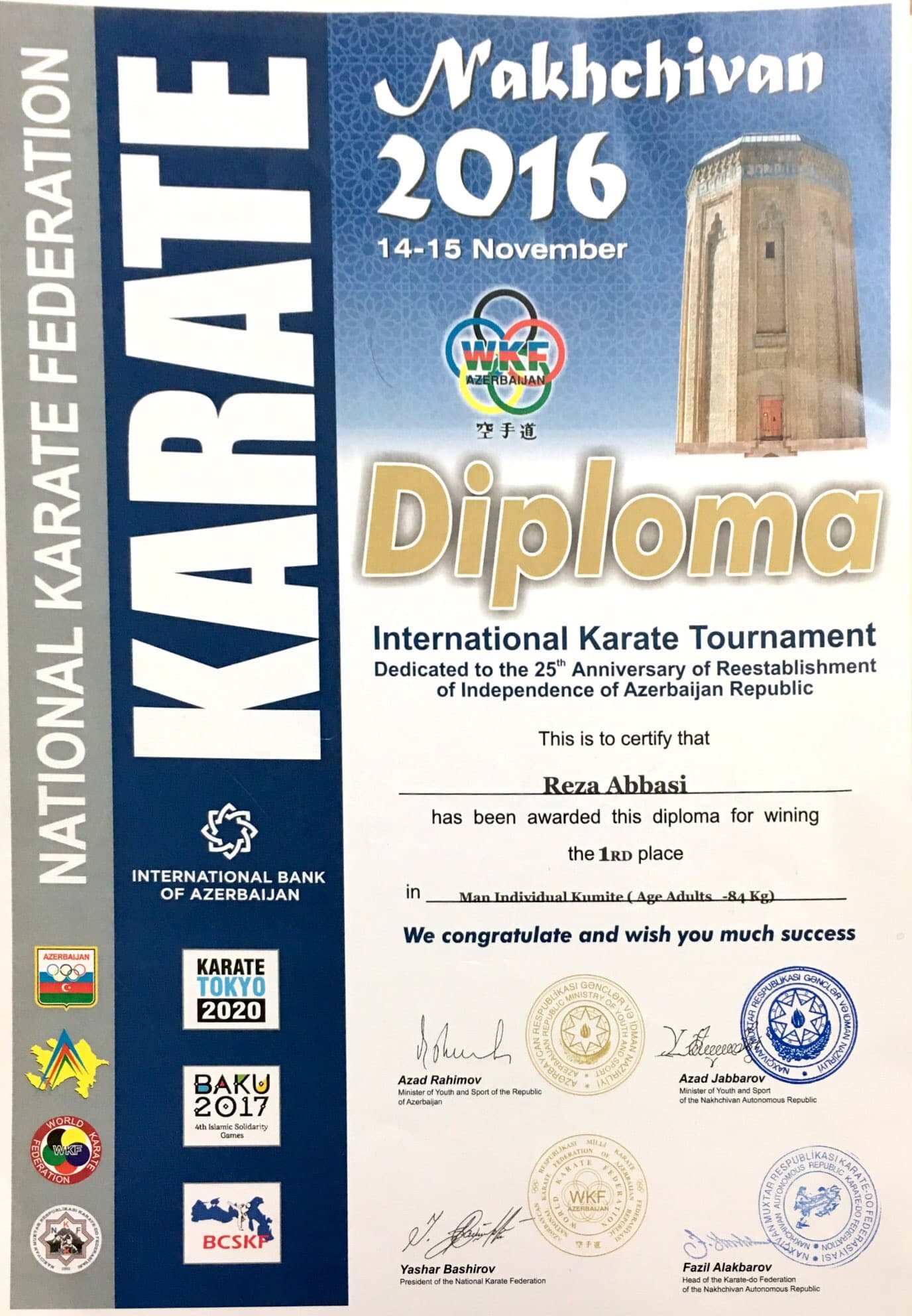 Coach Reza Abbasi first-place certificate from the 2016 Nakhchivan International Karate Tournament.