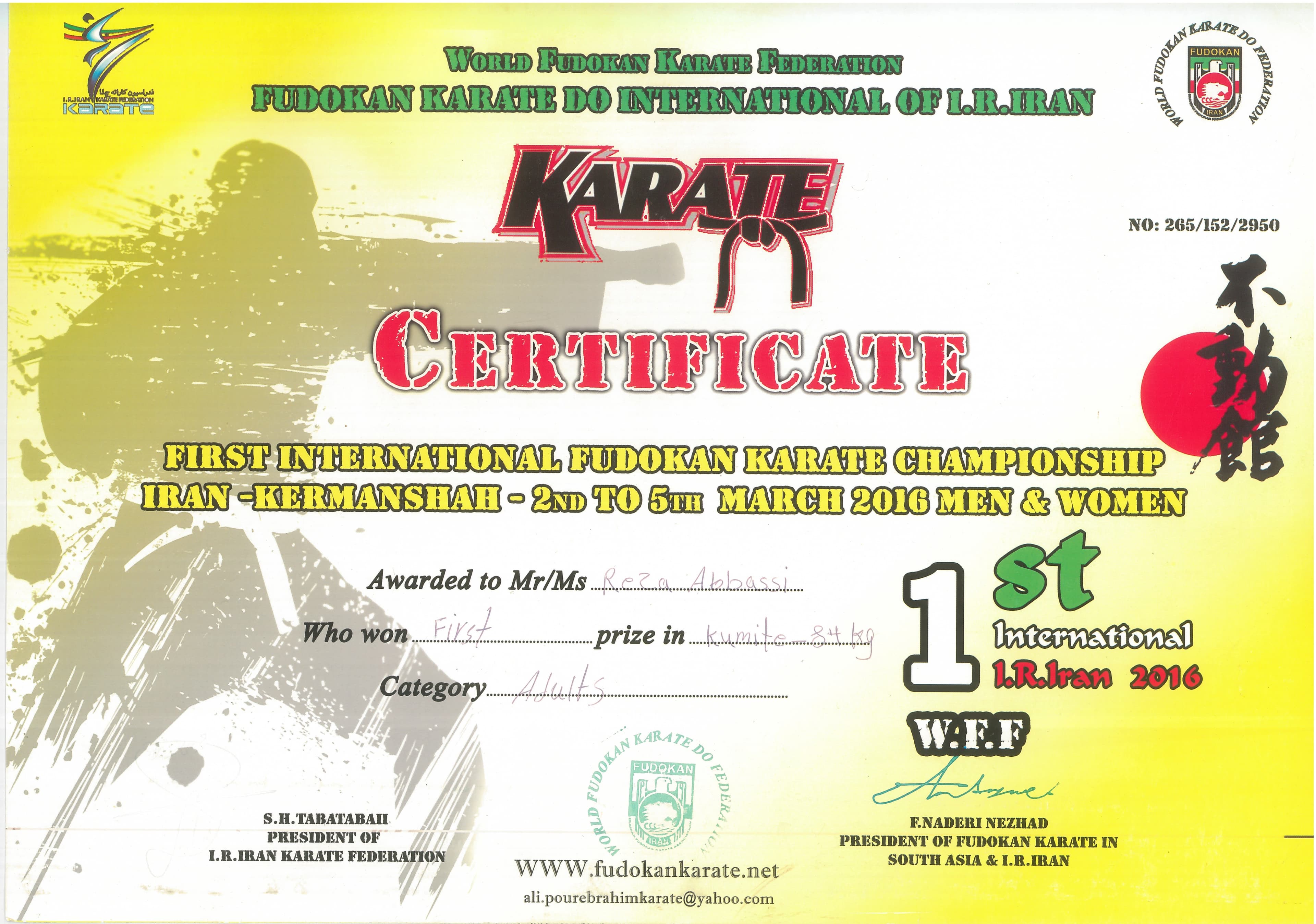 Coach Reza Abbasi first-place certificate from the 2016 International Fudokan Karate Championship.