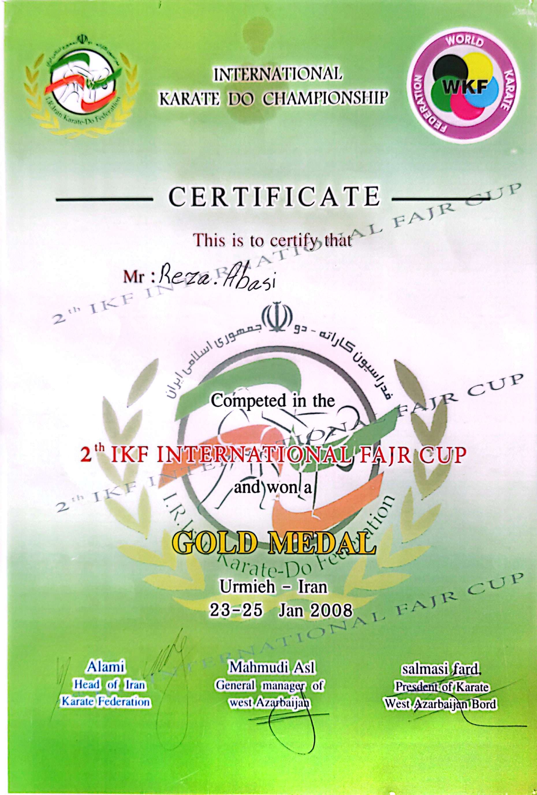 Coach Reza Abbasi gold medal certificate from the 2008 IKF International Fajr Cup in Urmia.