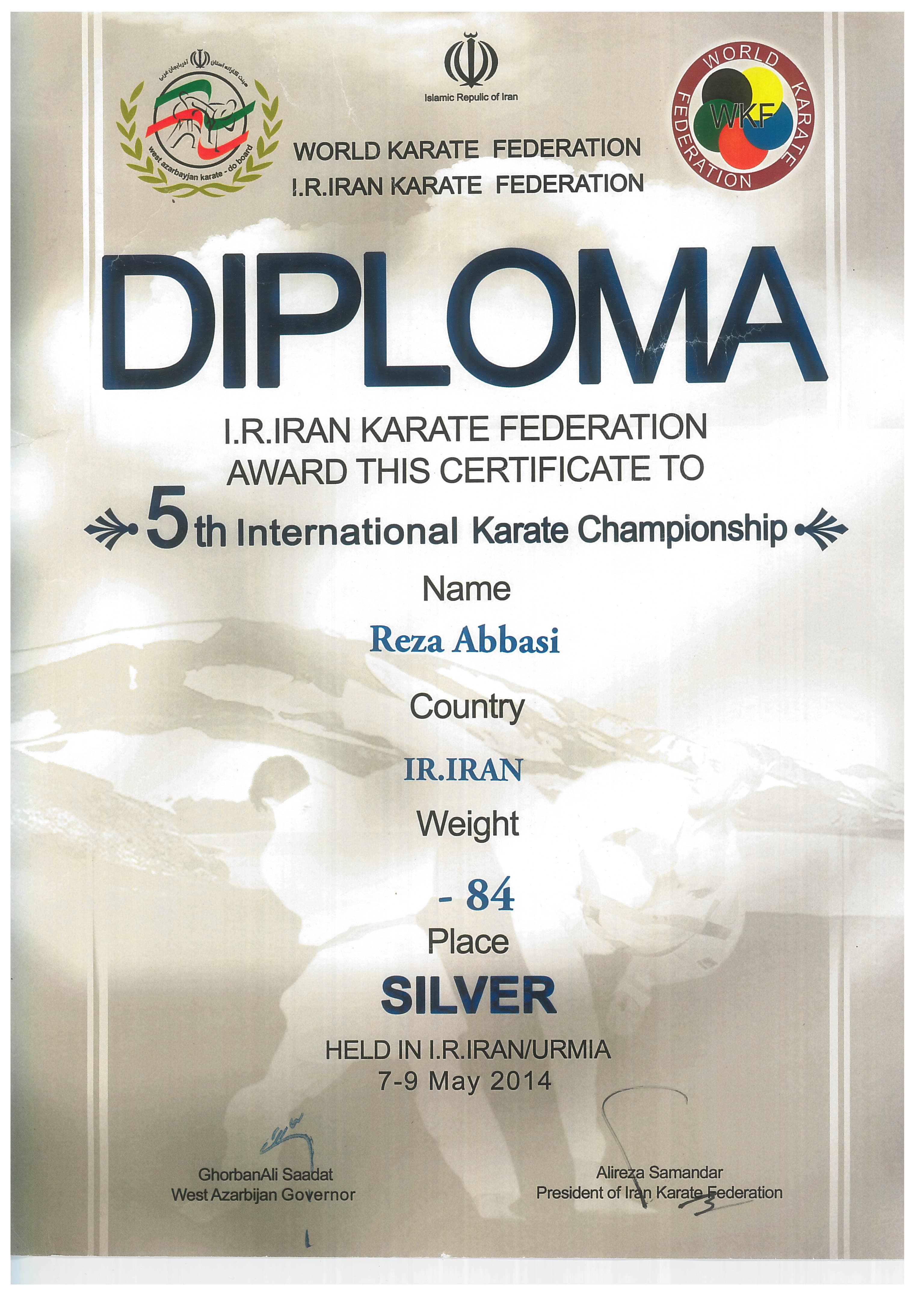 Coach Reza Abbasi silver medal certificate from the 2014 International Karate Championship in Urmia.