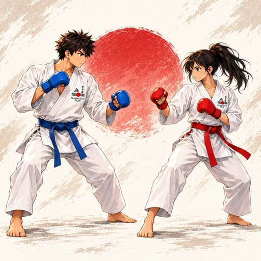 Cartoon karate athletes practicing controlled non-contact sparring with red and blue mitts