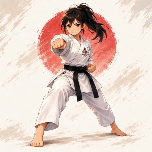 Cartoon teen karate student demonstrating a controlled straight punch