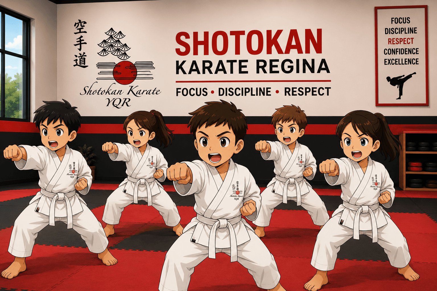 Cartoon children practising Shotokan Karate together in a bright Regina dojo