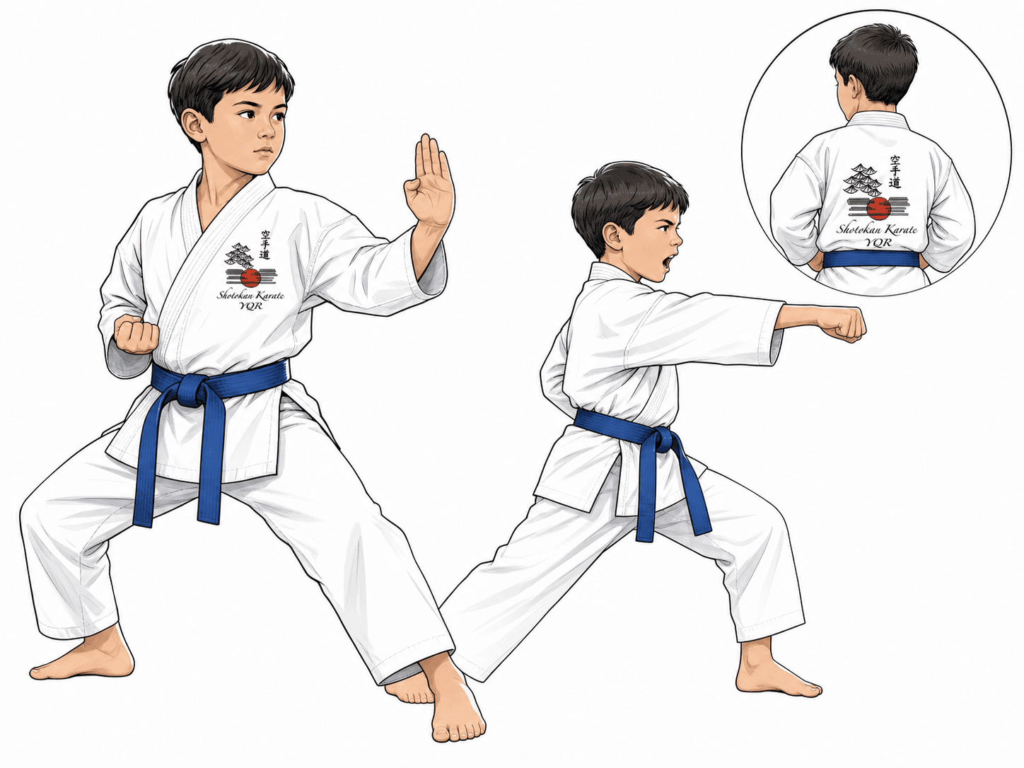 Blue-belt student demonstrating Shotokan basics