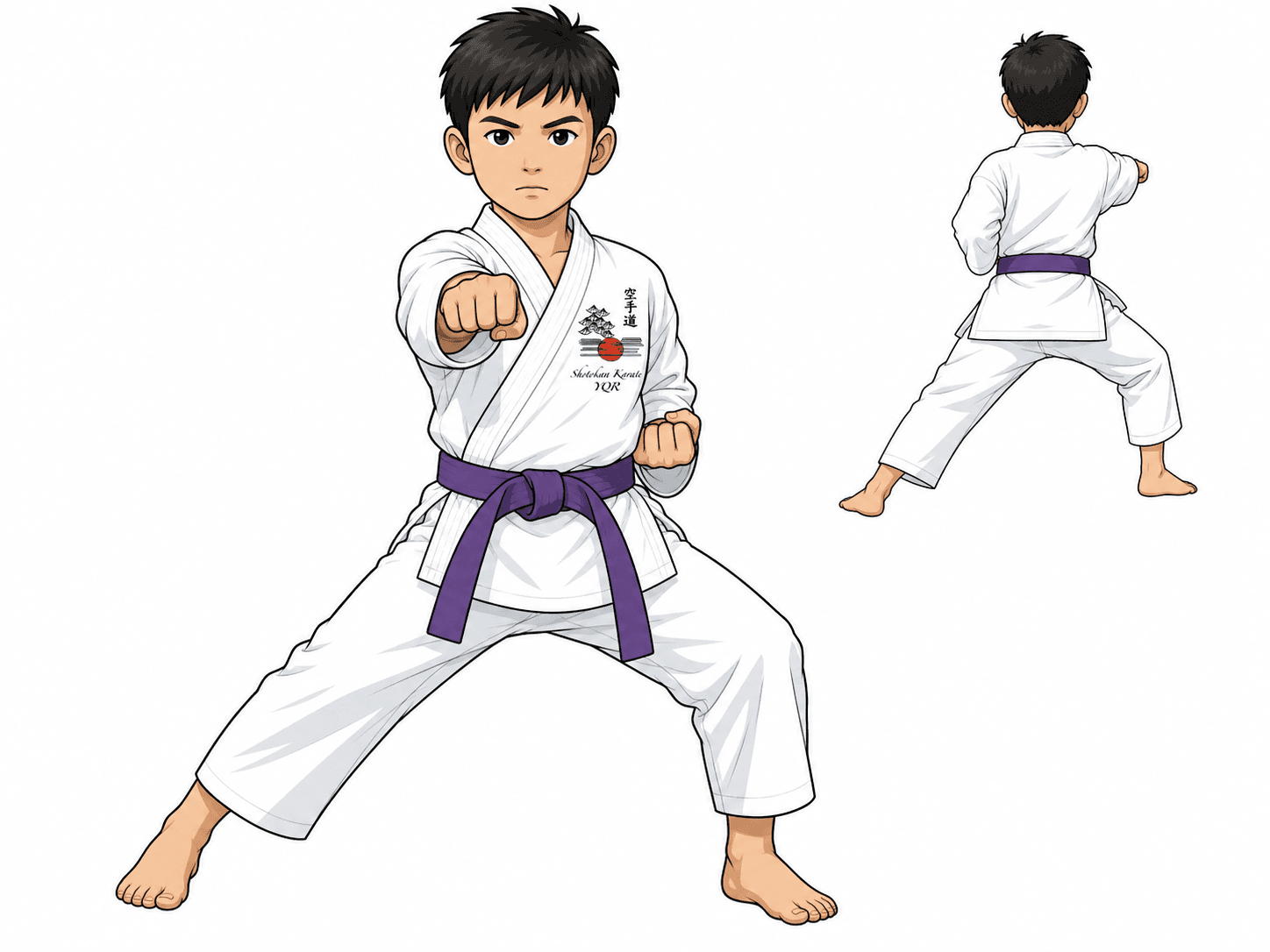 Purple-belt student demonstrating Sanbon Zuki