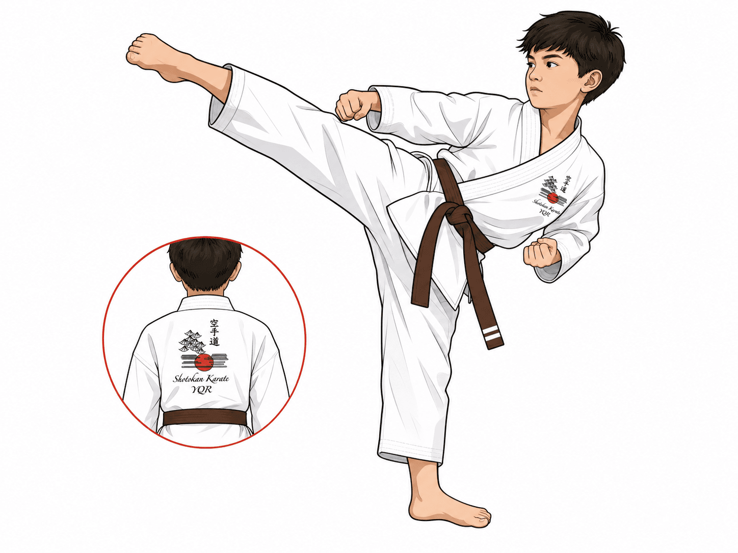Second brown-belt student demonstrating mawashi-geri