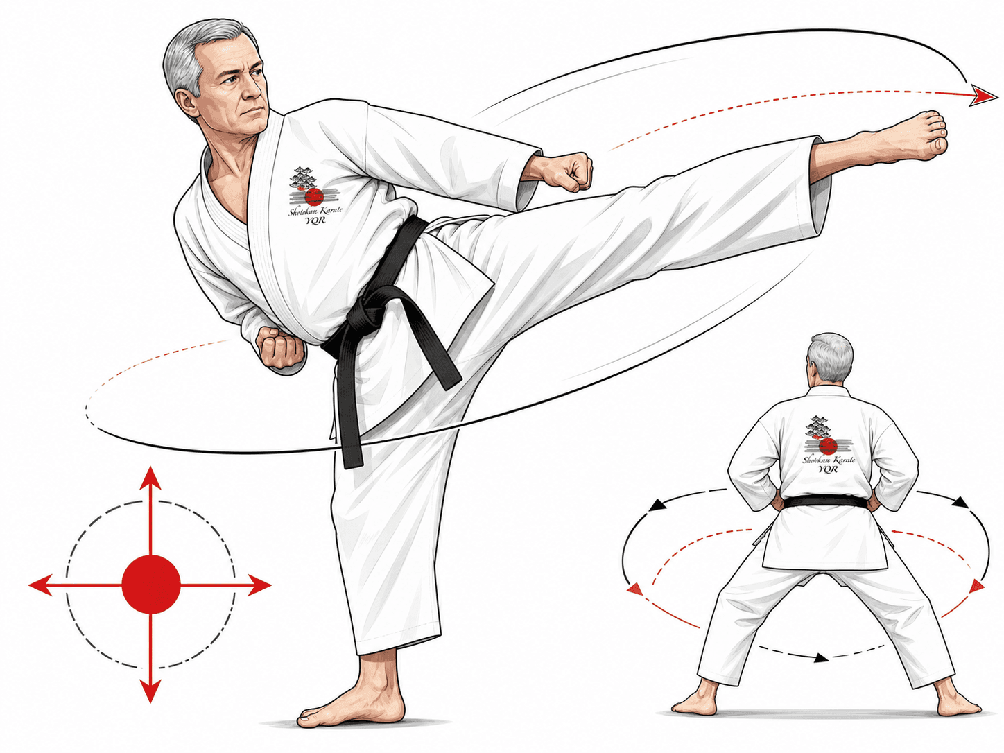 Senior black-belt student demonstrating a controlled kick